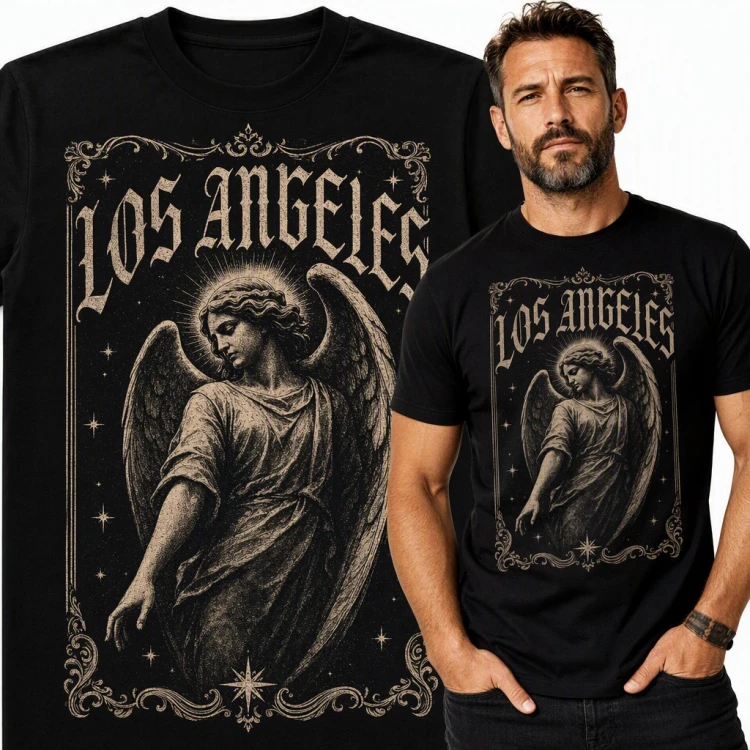 Koszulka męska „Los Angeles” - anioł z aureolą w gotyckiej ramce vintage