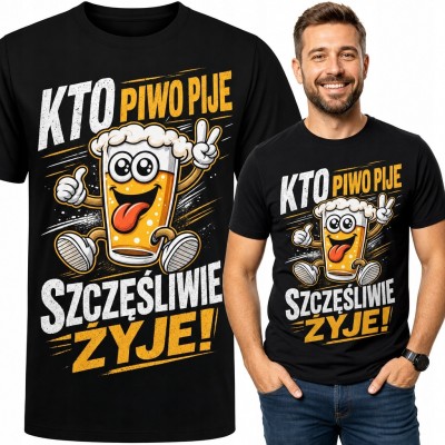 Koszulka męska z kuflem piwa „Kto piwo pije szczęśliwie żyje!” - piwny humor