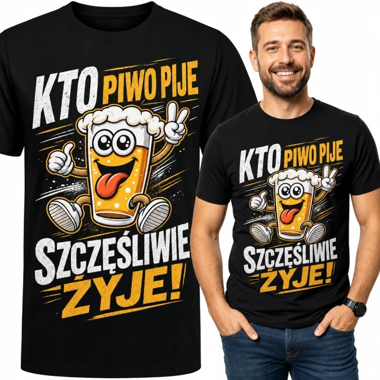 Koszulka męska z kuflem piwa „Kto piwo pije szczęśliwie żyje!” - piwny humor