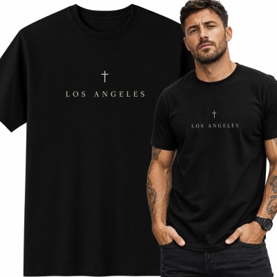 Koszulka męska „Los Angeles” z małym krzyżem - minimalistyczny napis