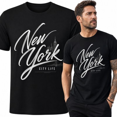 Koszulka męska „New York City Life” - kaligrafia z panoramą Manhattanu