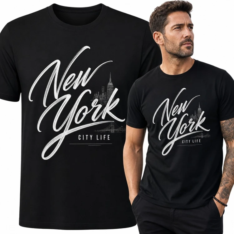 Koszulka męska „New York City Life” - kaligrafia z panoramą Manhattanu