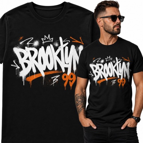 Koszulka męska graffiti „Brooklyn 99” z koroną i pomarańczowym sprayem