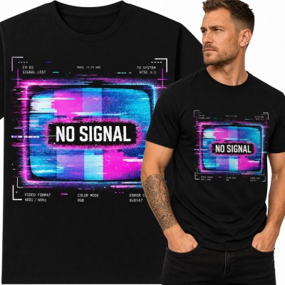 Koszulka męska „No Signal” - neonowy glitch ekranu retro telewizora