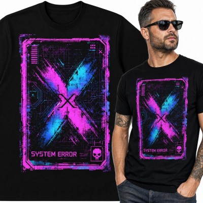 Koszulka męska „System Error” - cyberpunkowy glitch z neonowym X i pikselową czaszką