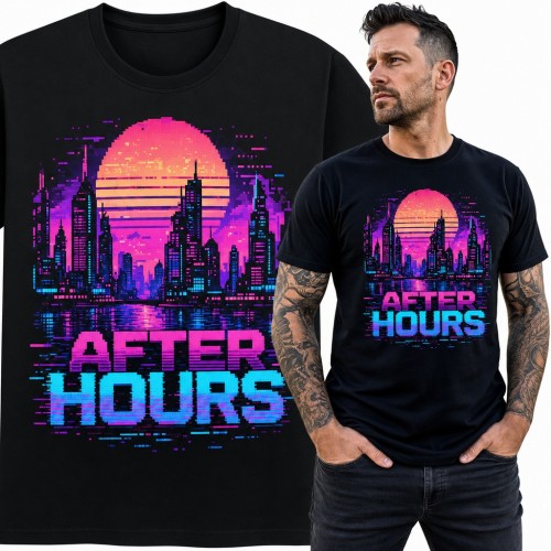 Koszulka męska „After Hours” - pikselowe miasto synthwave o zachodzie słońca