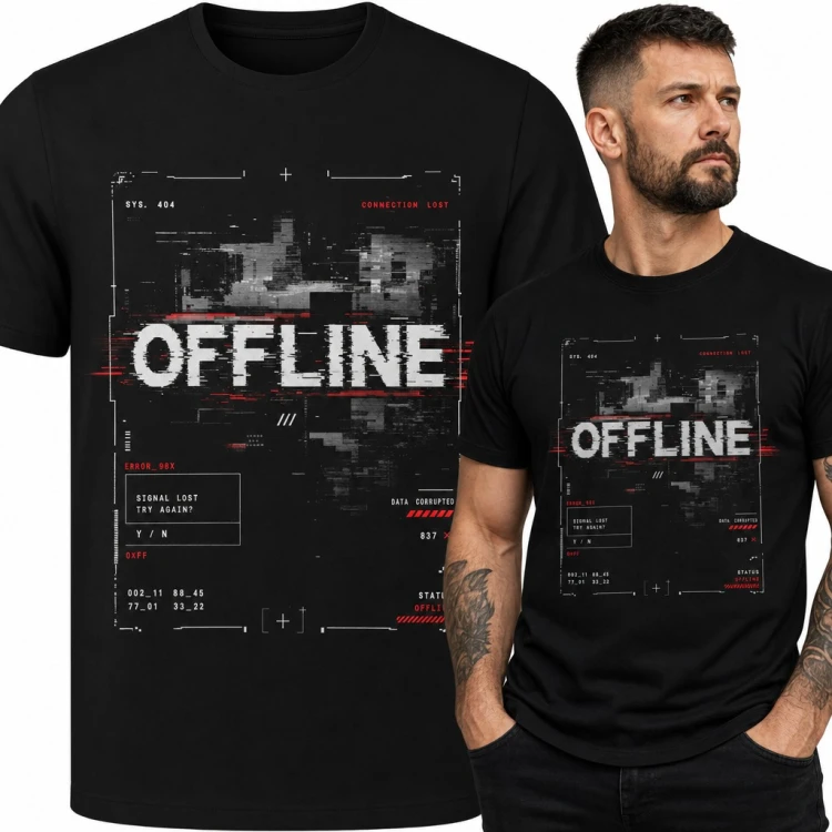 Koszulka męska „Offline” - glitch z błędem 404 dla informatyka