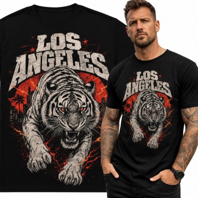 Koszulka męska „Los Angeles” - skradający się tygrys na tle miasta