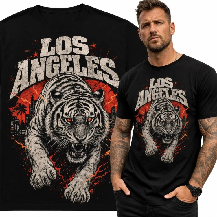 Koszulka męska „Los Angeles” - skradający się tygrys na tle miasta