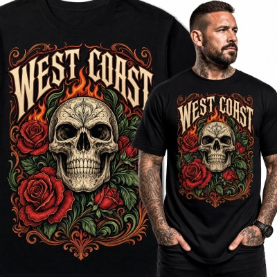 Koszulka męska „West Coast” - czaszka w czerwonych różach i płomieniach