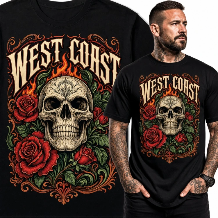 Koszulka męska „West Coast” - czaszka w czerwonych różach i płomieniach