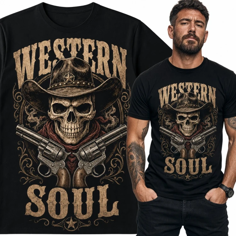 Koszulka męska z czaszką kowboja i rewolwerami „Western Soul”