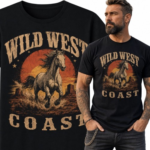 Koszulka męska western z galopującym koniem „Wild West Coast”
