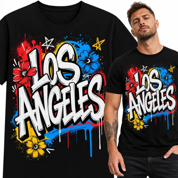 Koszulka męska „Los Angeles” - kolorowe graffiti z kwiatami i zaciekami farby