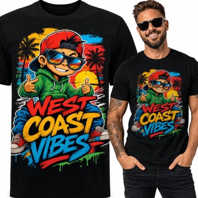 Koszulka męska „West Coast Vibes” - chłopak w czapce z daszkiem i graffiti z palmami