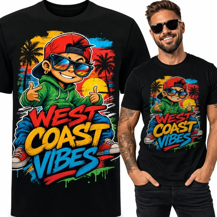 Koszulka męska „West Coast Vibes” - chłopak w czapce z daszkiem i graffiti z palmami