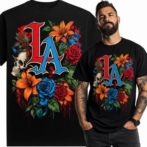 Koszulka męska „LA” - Los Angeles z czaszką, różami i liliami