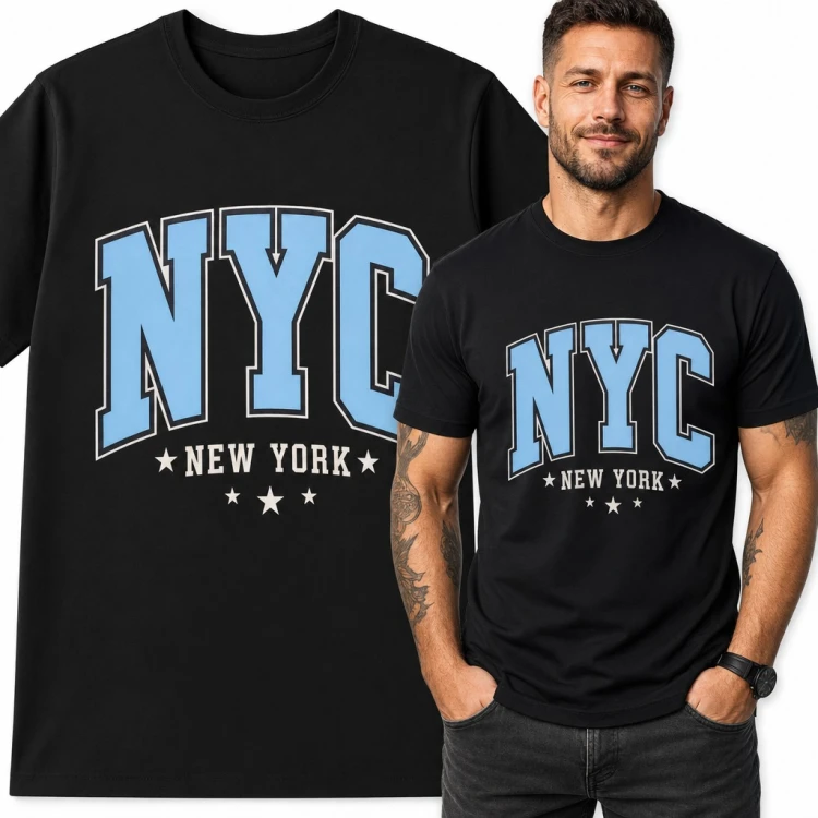 Koszulka męska „NYC New York” - college z błękitnymi literami i gwiazdkami