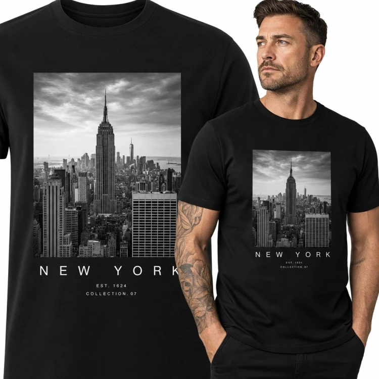 Koszulka męska „New York” - czarno-biała panorama z Empire State Building