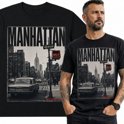 Koszulka męska „Manhattan” - uliczny widok z Empire State Building i znakiem Walk