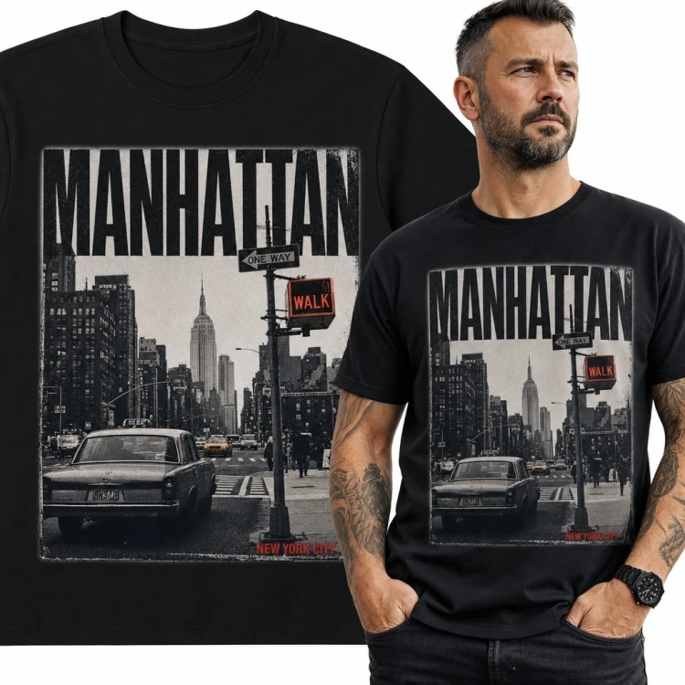 Koszulka męska „Manhattan” - uliczny widok z Empire State Building i znakiem Walk