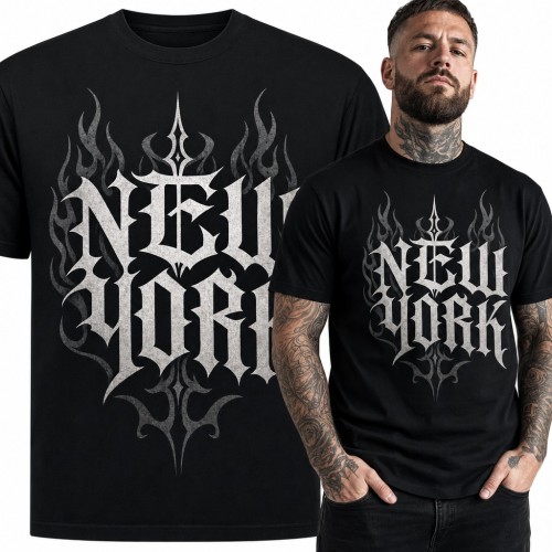 Koszulka męska „New York” - gotyckie liternictwo w stylu metal z płomieniami