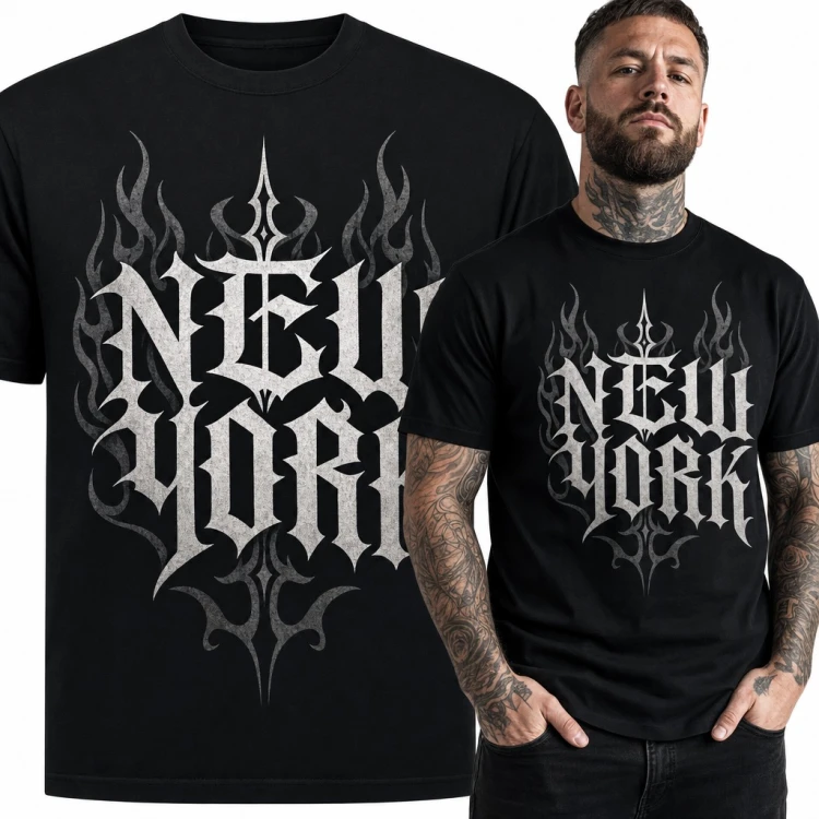 Koszulka męska „New York” - gotyckie liternictwo w stylu metal z płomieniami