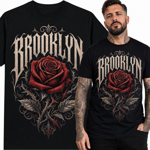 Koszulka męska „Brooklyn” - czerwona róża z cierniami w gotyckim stylu