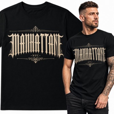 Koszulka męska z gotyckim napisem „Manhattane NYC” i ornamentami