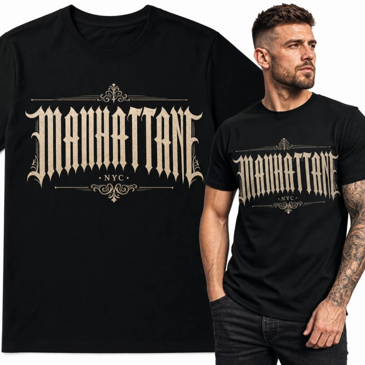 Koszulka męska z gotyckim napisem „Manhattane NYC” i ornamentami