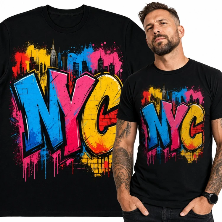 Koszulka męska „NYC” - graffiti z panoramą Manhattanu