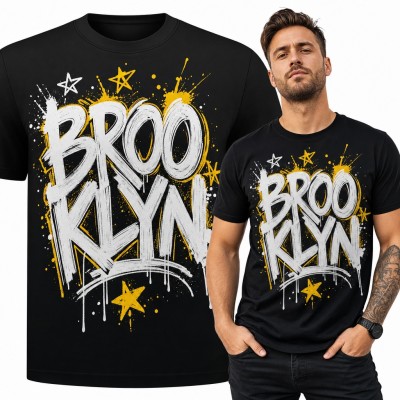 Koszulka męska „Brooklyn” - graffiti z żółtymi rozbryzgami i gwiazdkami