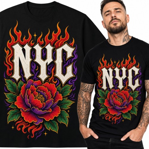 Koszulka męska „NYC” - płonąca piwonia w stylu old school tattoo