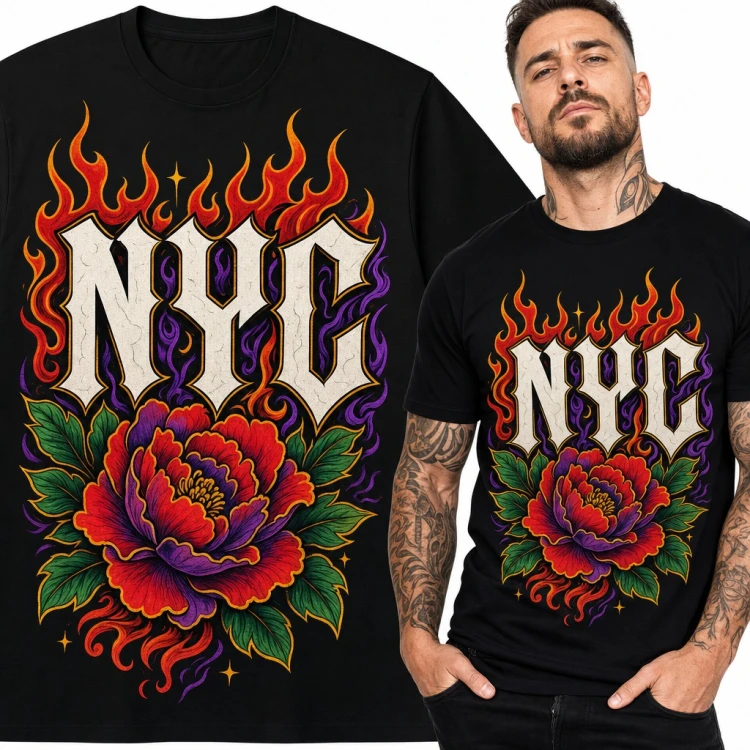 Koszulka męska „NYC” - płonąca piwonia w stylu old school tattoo