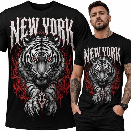 Koszulka męska tygrys z czerwonymi oczami w płomieniach - „New York”