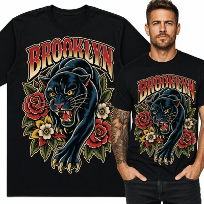 Koszulka męska „Brooklyn” - czarna pantera w stylu old school tattoo z różami