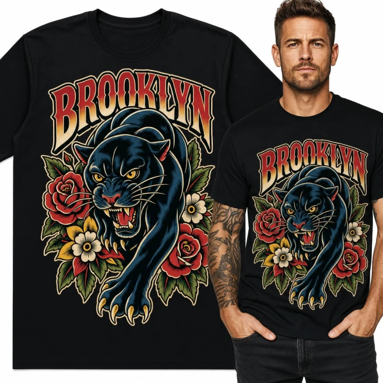 Koszulka męska „Brooklyn” - czarna pantera w stylu old school tattoo z różami