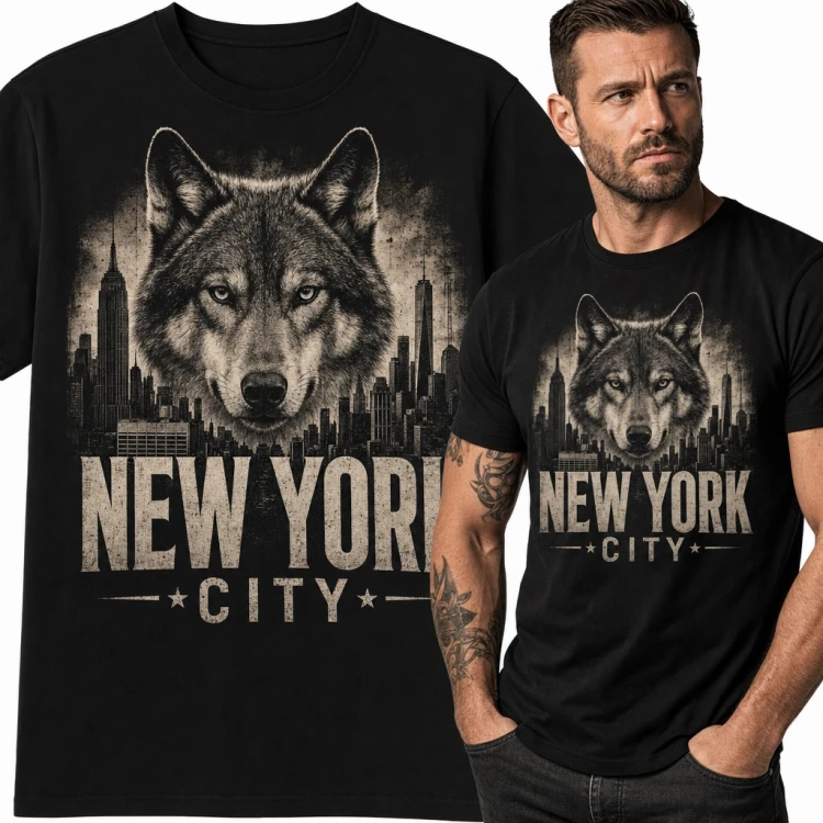 Koszulka męska „New York City” - głowa wilka nad panoramą Manhattanu
