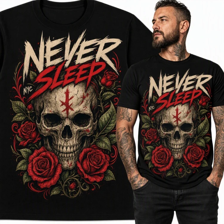 Koszulka męska z czaszką w czerwonych różach „Never Sleep” NYC