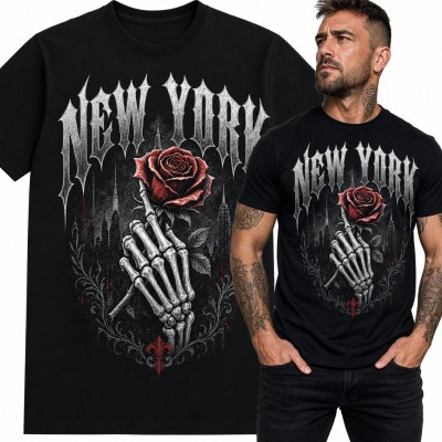 Koszulka męska „New York” - dłoń szkieletu z czerwoną różą i panorama miasta