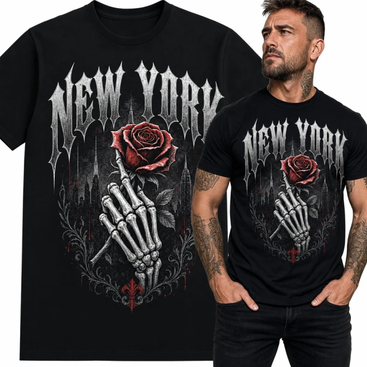 Koszulka męska „New York” - dłoń szkieletu z czerwoną różą i panorama miasta