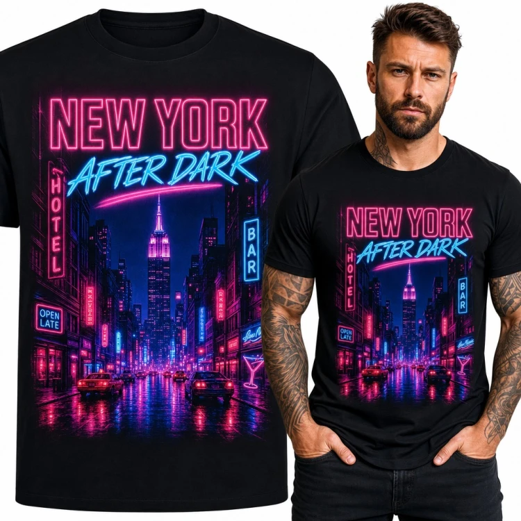 Koszulka męska „New York After Dark” - neonowa ulica z Empire State Building