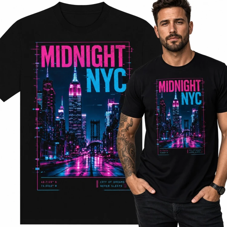 Koszulka męska „Midnight NYC” - neonowy Nowy Jork nocą z Empire State Building