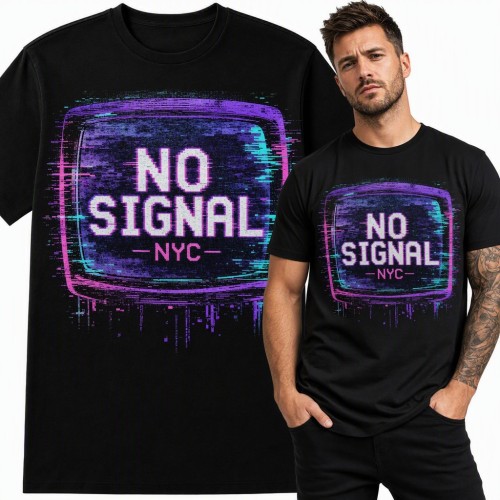 Koszulka męska „No Signal NYC” - ekran starego telewizora z efektem glitch
