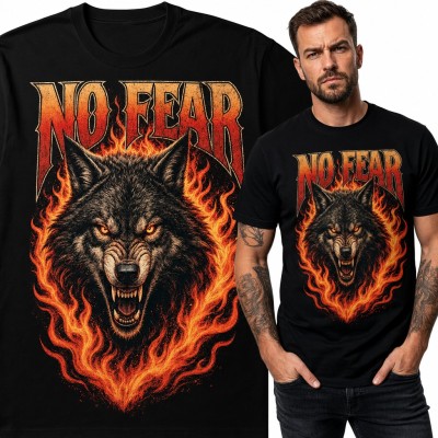 Koszulka męska wilk w płomieniach „No Fear”