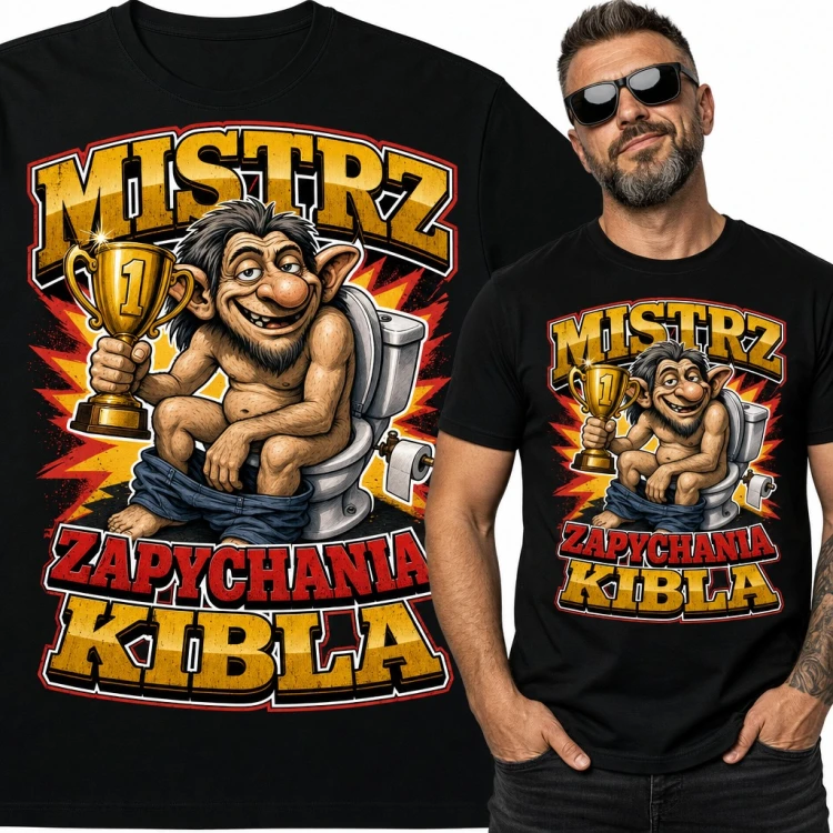 Koszulka męska „Mistrz zapychania kibla” - troll na sedesie z pucharem