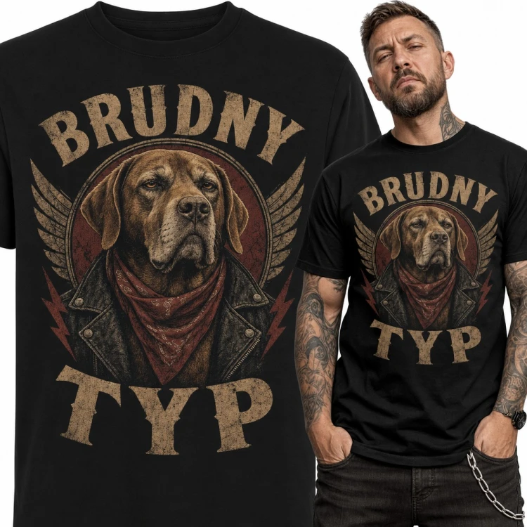 Koszulka męska „Brudny typ” - pies biker w ramonesce i bandanie