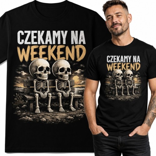 Koszulka męska „Czekamy na weekend” - dwa szkielety na ławce
