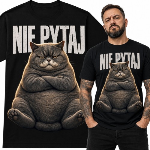 Koszulka męska „Nie pytaj” z obrażonym grubym kotem