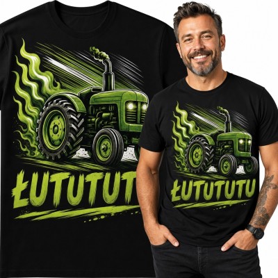 Koszulka męska z zielonym ciągnikiem i napisem „Łutututu” - rolniczy humor